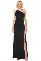 Tan Balinda | Crystal Neck One Shoulder Sleeveless Gown Formal Dress