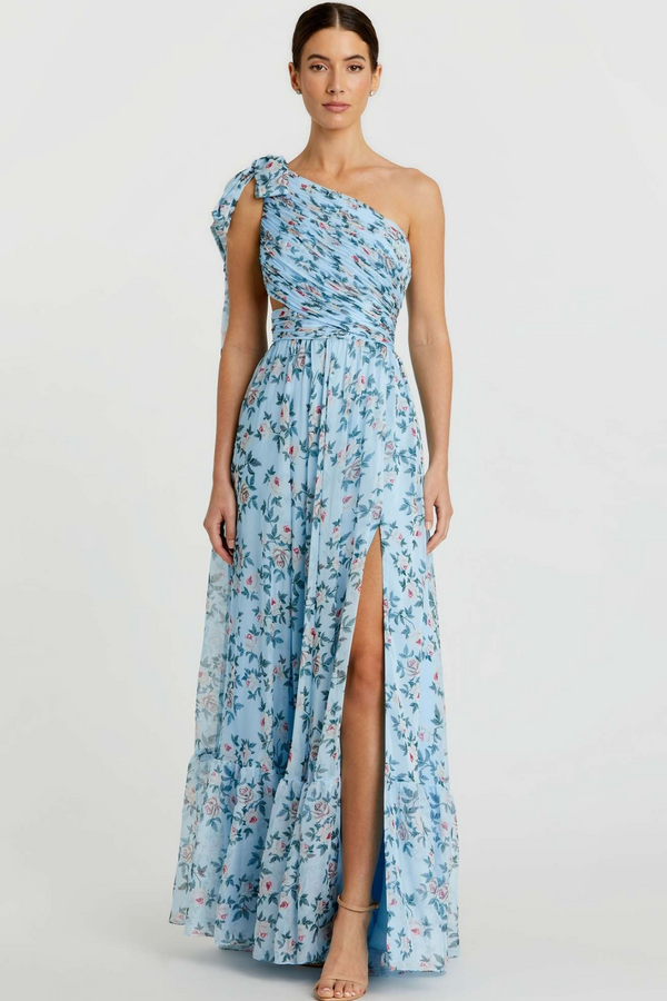 Light Gray One Shoulder Floral Chiffon Gown | Aqua Multi Formal Dress