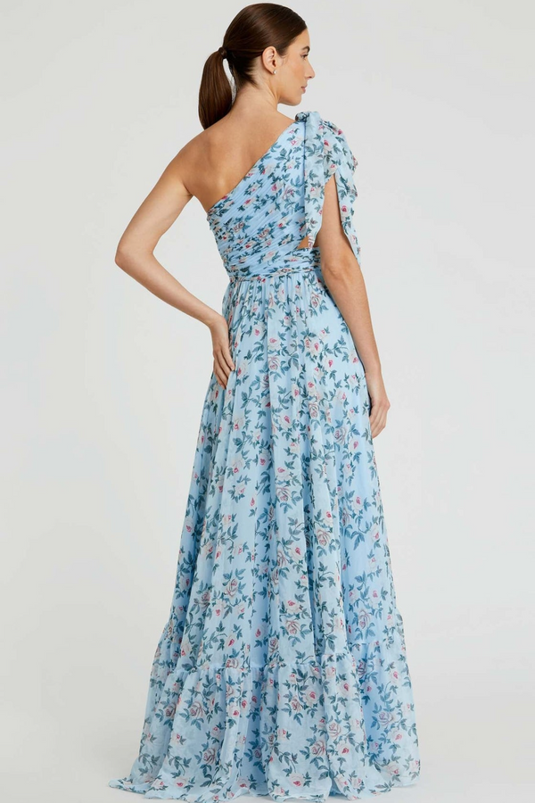 Light Gray One Shoulder Floral Chiffon Gown | Aqua Multi Formal Dress