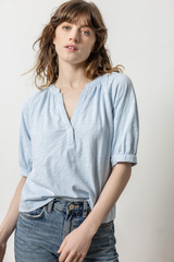 Light Gray Shirred Split Neck Raglan Top