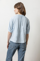 Light Gray Shirred Split Neck Raglan Top