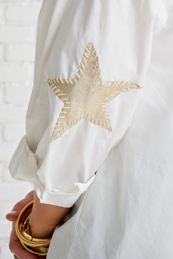 Light Gray Preppy Leather Star Elbow Top White & Champagne Top