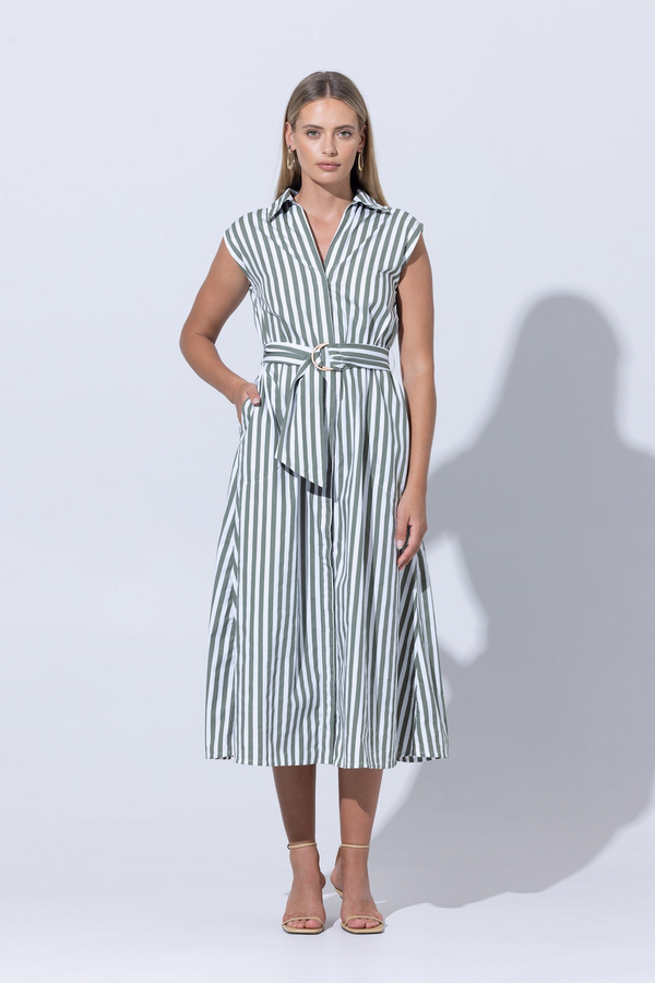 Light Gray Chloe Poplin Shirt Dress in Olive Stripe Maxi Dress