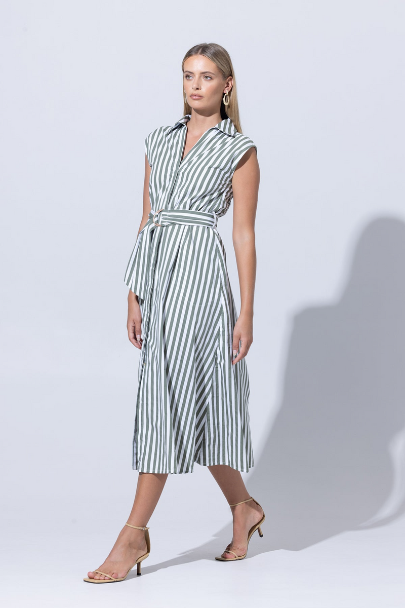 Light Gray Chloe Poplin Shirt Dress in Olive Stripe Maxi Dress