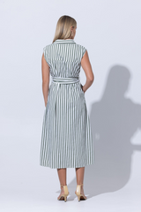 Light Gray Chloe Poplin Shirt Dress in Olive Stripe Maxi Dress