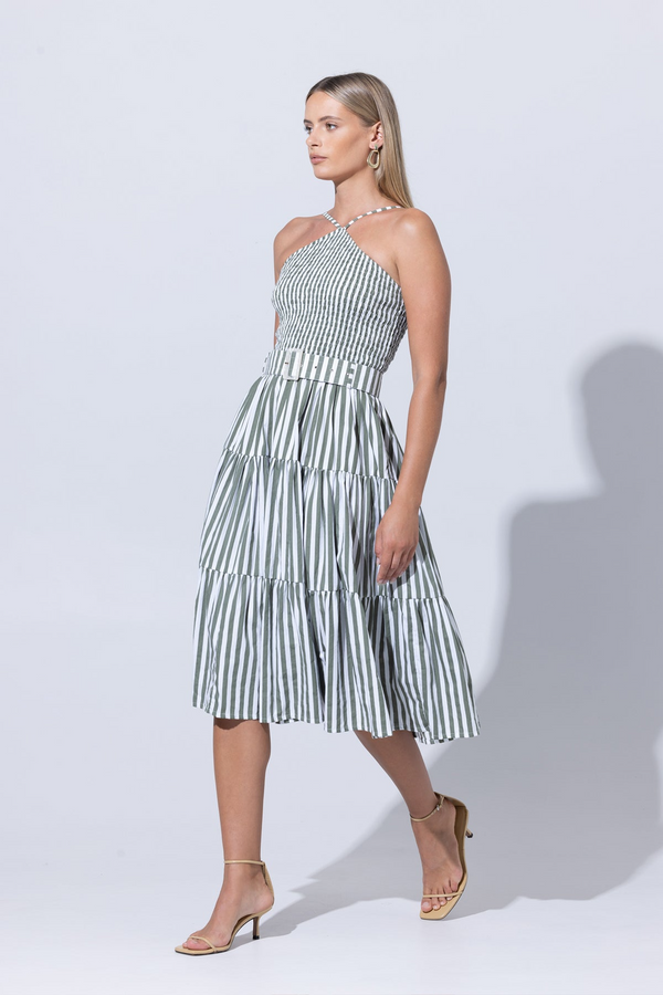 Light Gray Arlen Belted Poplin Midi Dress Olive Stripe Midi Dress