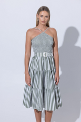 Light Gray Arlen Belted Poplin Midi Dress Olive Stripe Midi Dress