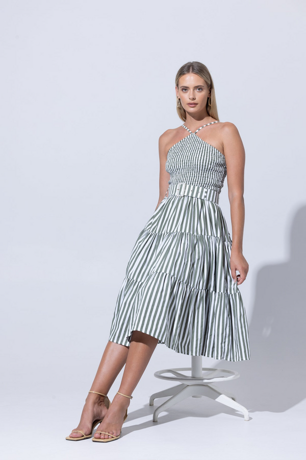 Light Gray Arlen Belted Poplin Midi Dress Olive Stripe Midi Dress