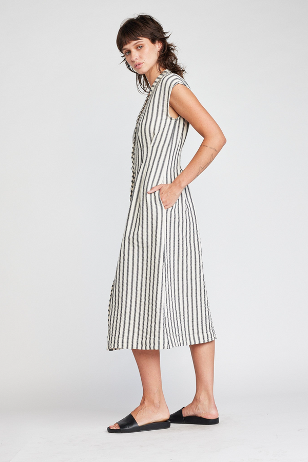 Light Gray Jamila Button Front Midi Dress in Black Stripes Midi Dress