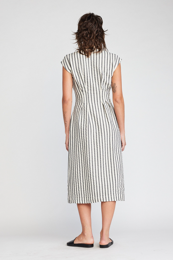 Light Gray Jamila Button Front Midi Dress in Black Stripes Midi Dress