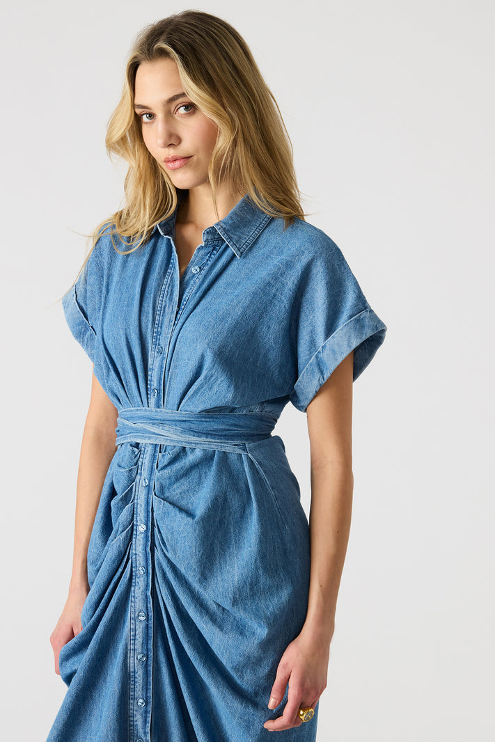 Light Gray Tori Dress | Chambray Blue Midi Dress