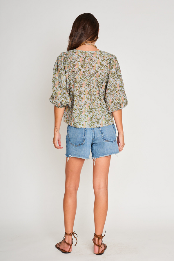 Light Gray Ophelia Top in Floral Block Print Top