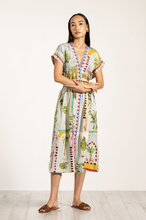 Antique White Val Belted Dress in Multi Color Midi Dress