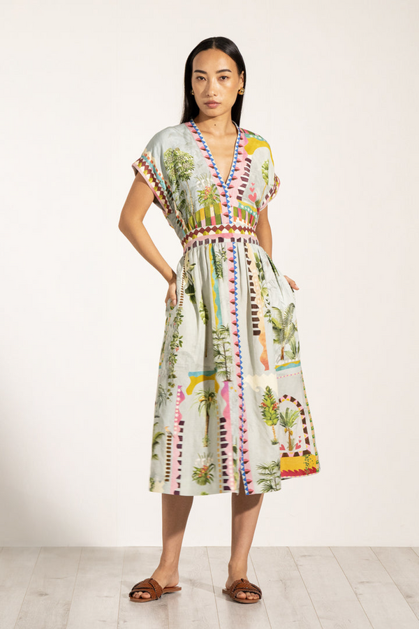 Antique White Val Belted Dress in Multi Color Midi Dress