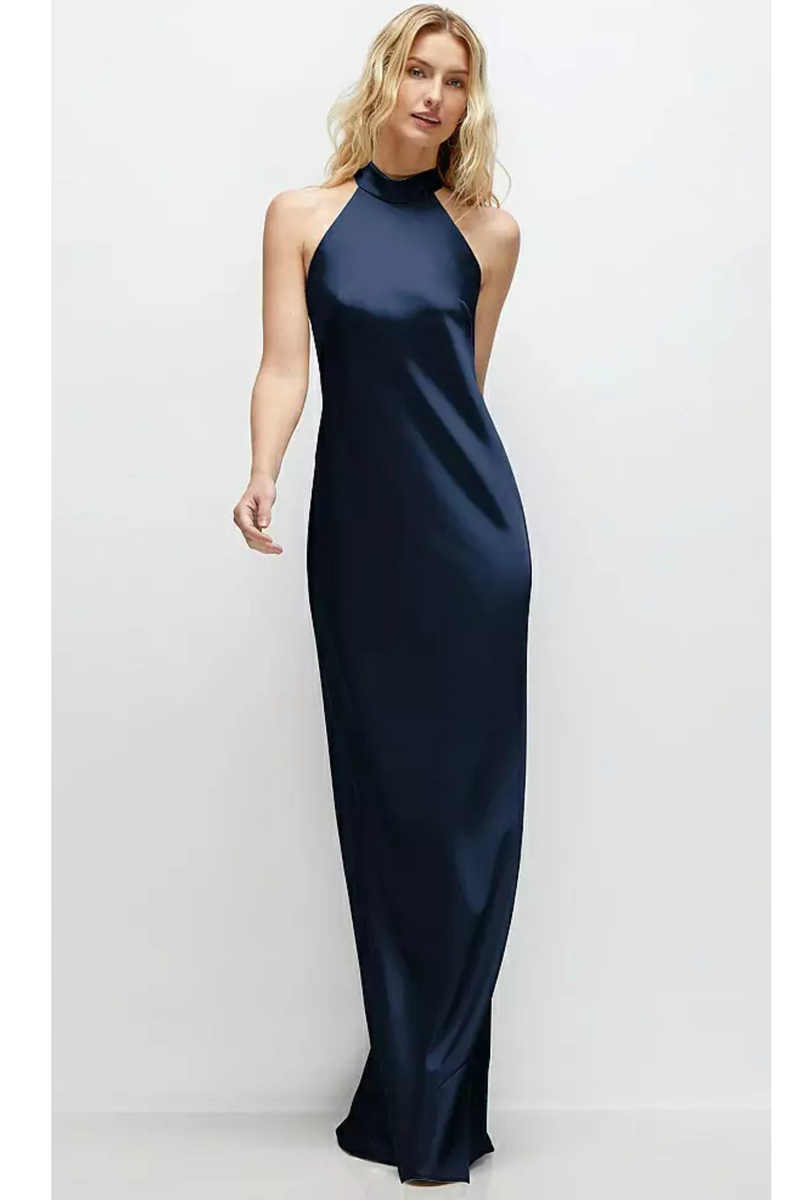 Light Gray Self Tie Bow Back Satin Maxi Dress in Midnight Navy Formal Dress