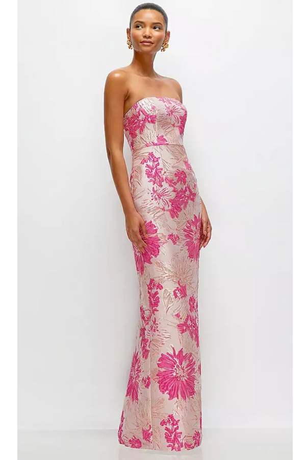 Lavender Strapless Floral Jacquard Column Dress in Hibiscus Pink Formal Dress