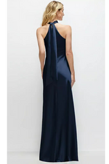 Black Self Tie Bow Back Satin Maxi Dress in Midnight Navy Formal Dress