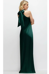 Black Self Tie Bow Back Satin Maxi Dress in Evergreen Formal Dress