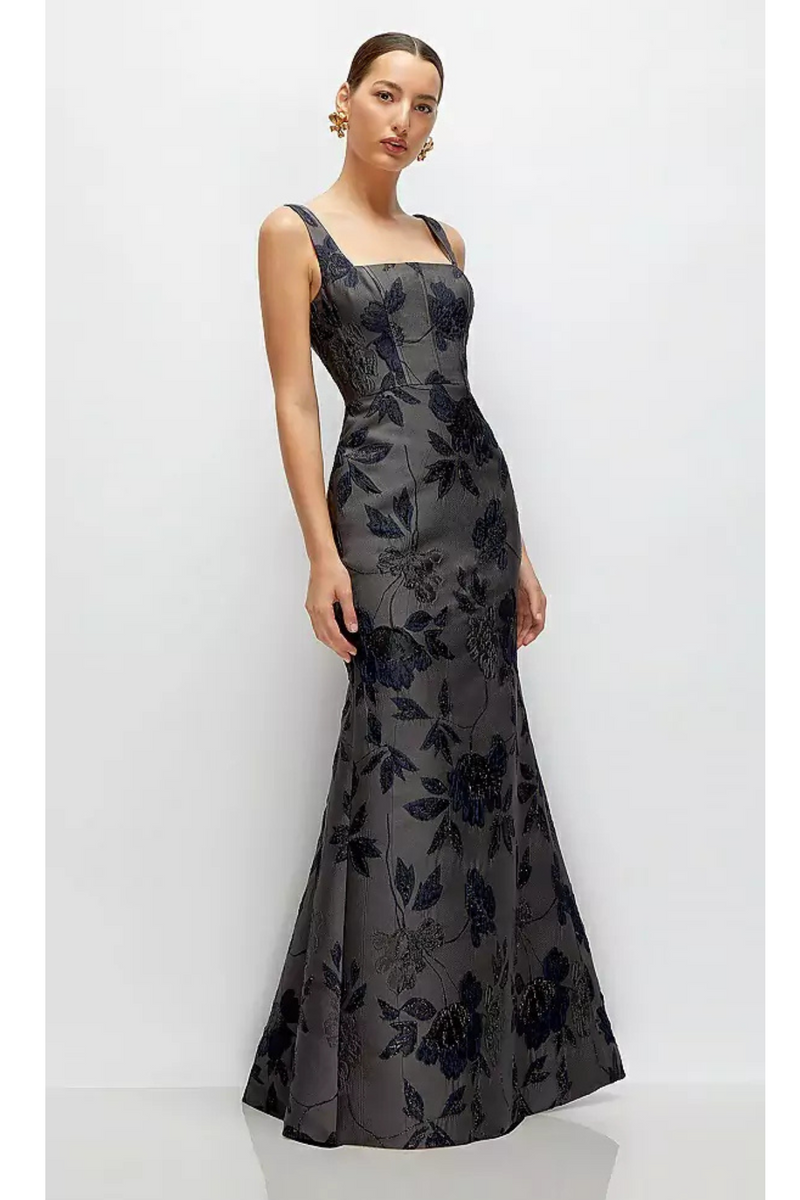 Dark Slate Gray Metallic Jacquard Maxi Dress in Noir Midnight Formal Dress