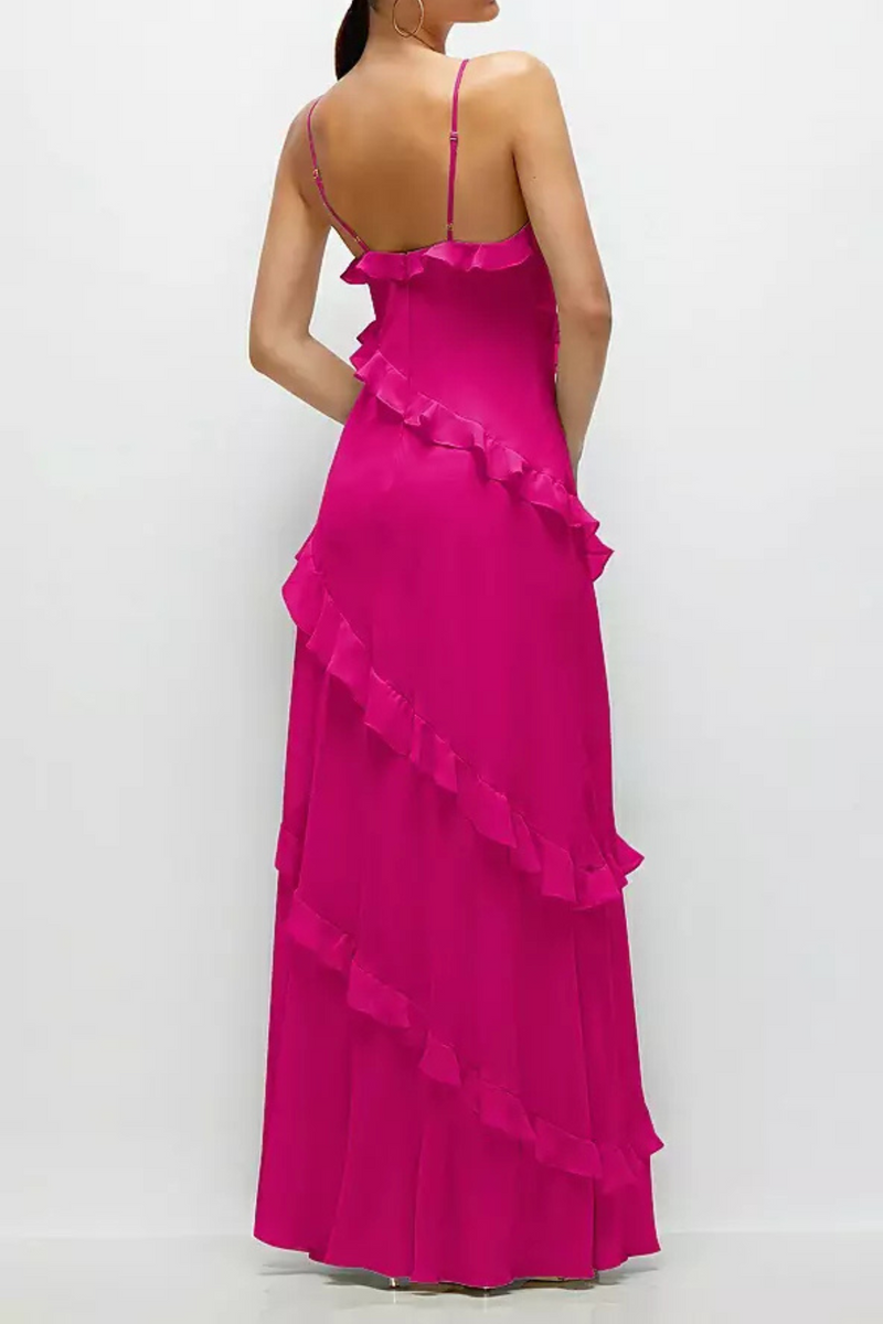 Light Gray Asymmetrical Ruffle Chiffon Bias Slip Maxi Dress in Think Pink Formal Dress