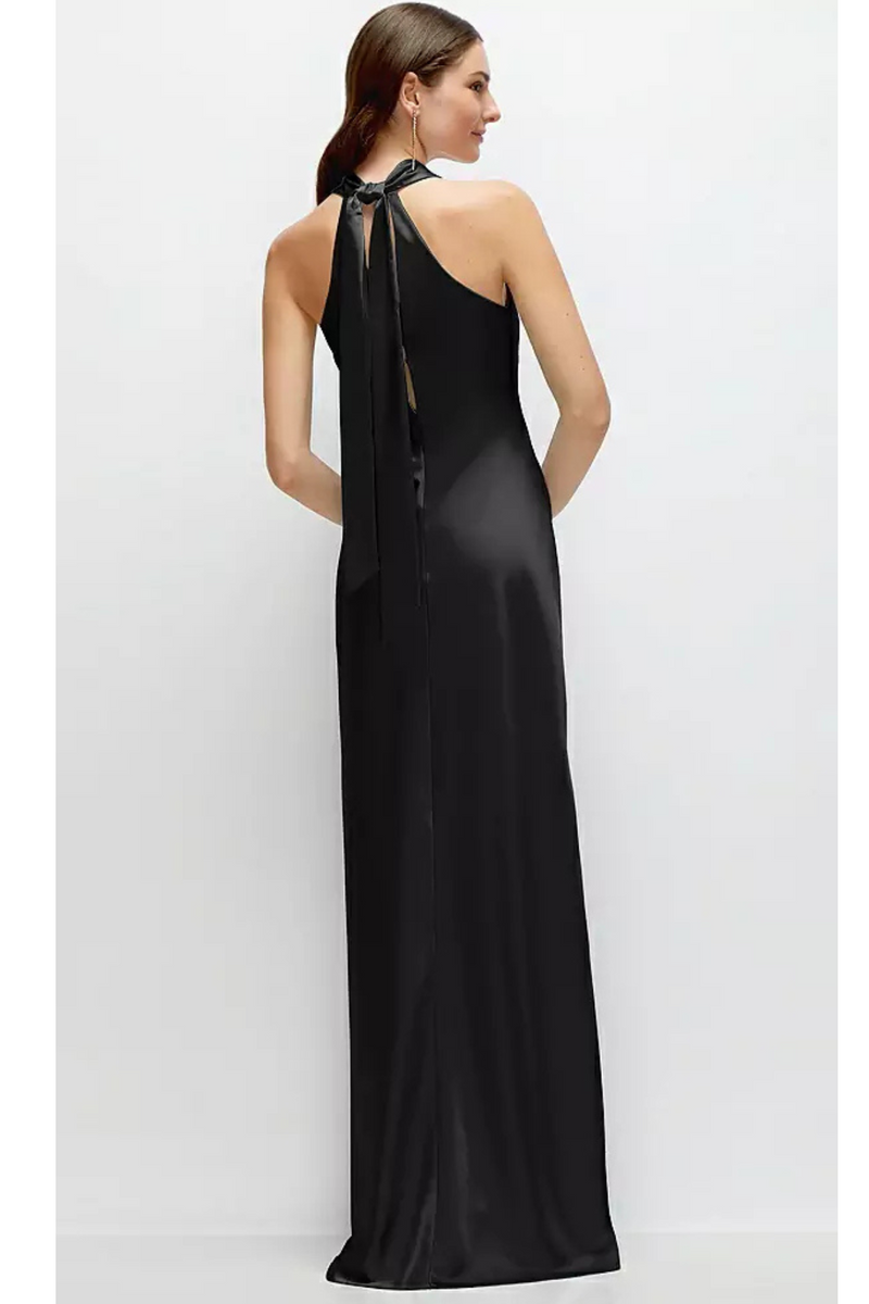 Black Pleated Halter Bias Satin Maxi Dress In Black Maxi Dress