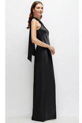 Black Pleated Halter Bias Satin Maxi Dress In Black Maxi Dress