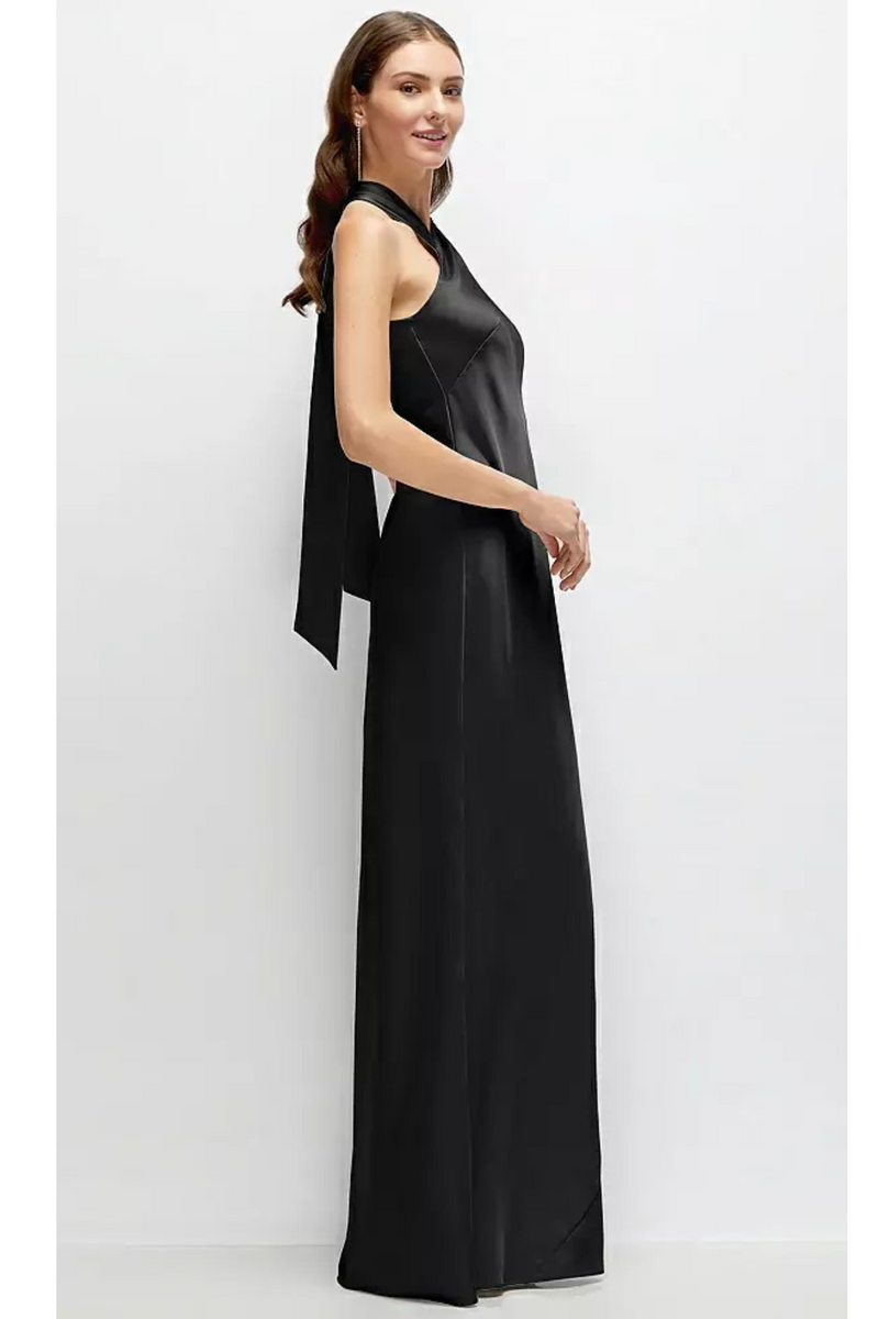 Black Pleated Halter Bias Satin Maxi Dress In Black Maxi Dress