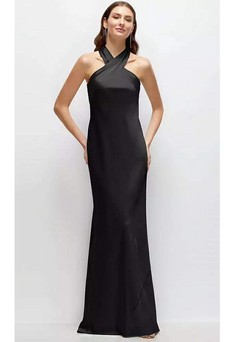 Black Pleated Halter Bias Satin Maxi Dress In Black Maxi Dress