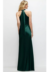 Black Self Tie Bow Back Satin Maxi Dress in Evergreen Formal Dress