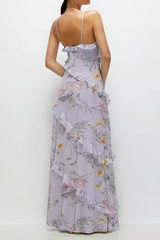 Light Gray Asymmetrical Ruffle Chiffon Bias Slip Maxi Dress in Butterfly Botanica Silver Formal Dress