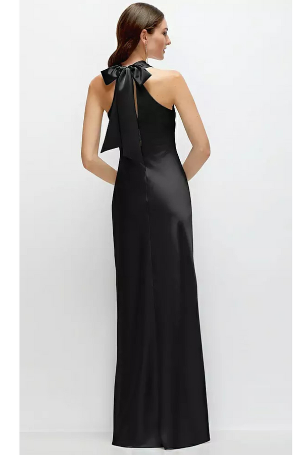 Black Pleated Halter Bias Satin Maxi Dress In Black Maxi Dress