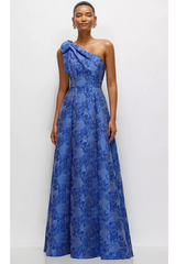 Dark Slate Blue Bow One Shoulder Metallic Jacquard Maxi Dress in Cobalt Formal Dress