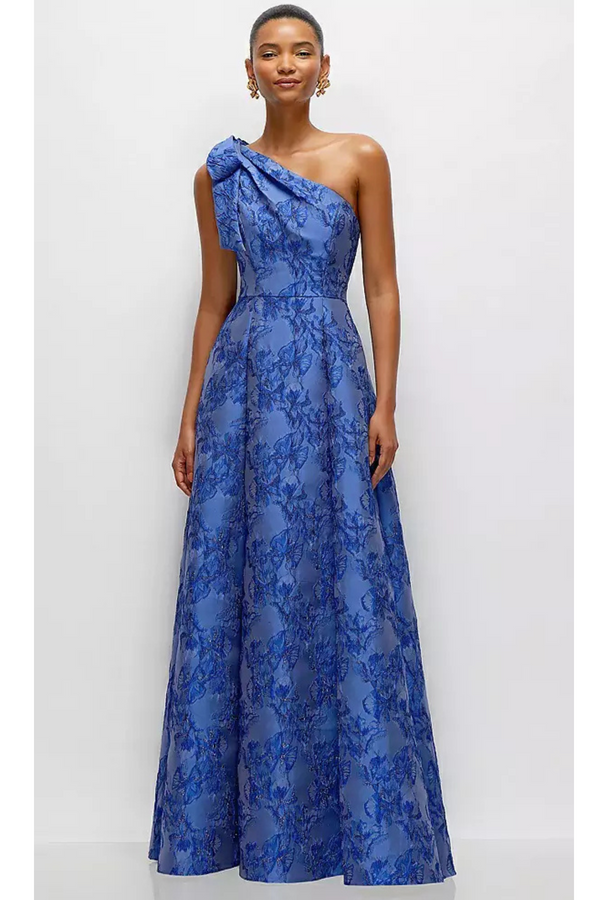 Dark Slate Blue Bow One Shoulder Metallic Jacquard Maxi Dress in Cobalt Formal Dress