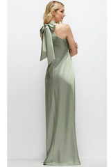 Light Gray Self Tie Bow Back Satin Maxi Dress in Sage Formal Dress