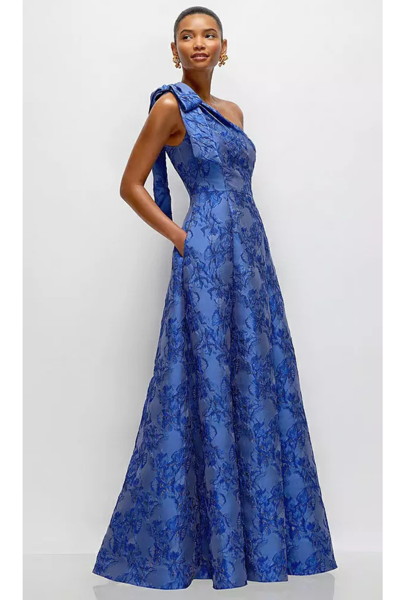 Dark Slate Blue Bow One Shoulder Metallic Jacquard Maxi Dress in Cobalt Formal Dress