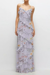 Light Gray Asymmetrical Ruffle Chiffon Bias Slip Maxi Dress in Butterfly Botanica Silver Formal Dress