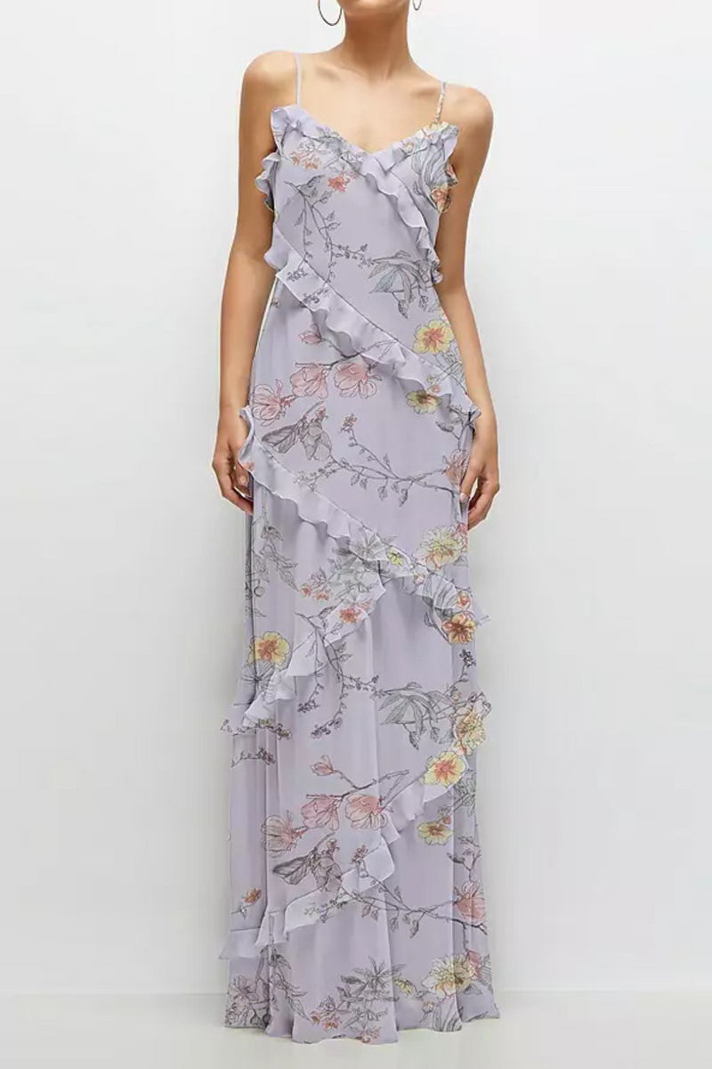 Light Gray Asymmetrical Ruffle Chiffon Bias Slip Maxi Dress in Butterfly Botanica Silver Formal Dress