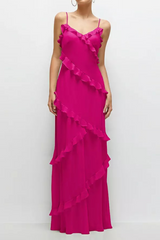 Maroon Asymmetrical Ruffle Chiffon Bias Slip Maxi Dress in Think Pink Formal Dress