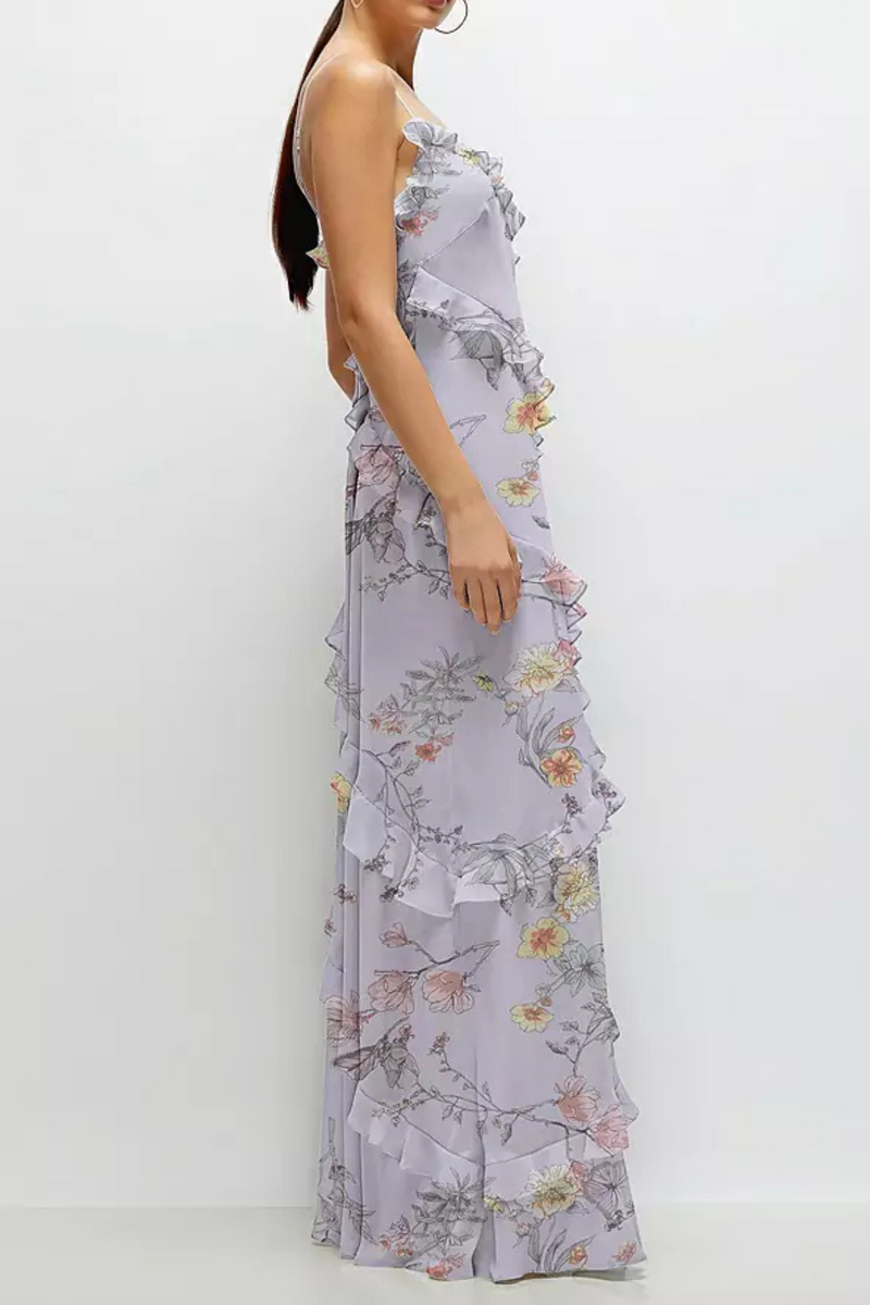 Light Gray Asymmetrical Ruffle Chiffon Bias Slip Maxi Dress in Butterfly Botanica Silver Formal Dress