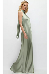 Lavender Self Tie Bow Back Satin Maxi Dress in Sage Formal Dress