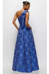 Dark Slate Blue Bow One Shoulder Metallic Jacquard Maxi Dress in Cobalt Formal Dress