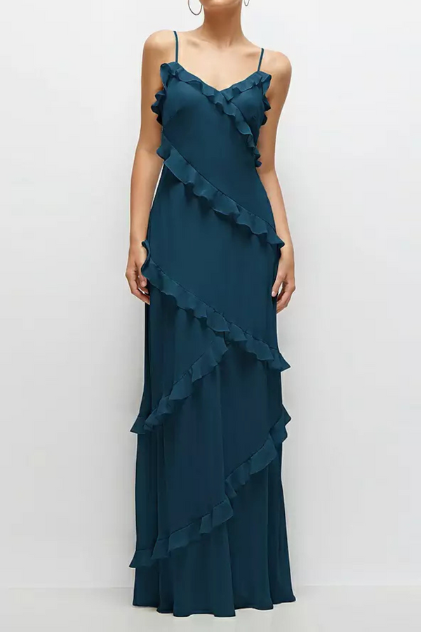 Dark Slate Gray Asymmetrical Ruffle Chiffon Bias Slip Maxi Dress in Atlantic Blue Formal Dress