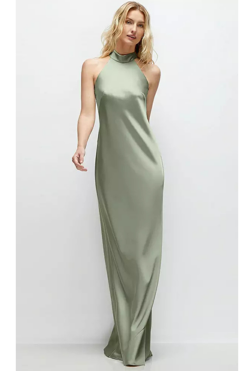 Light Gray Self Tie Bow Back Satin Maxi Dress in Sage Formal Dress