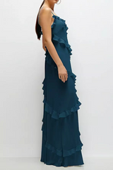 Dark Slate Gray Asymmetrical Ruffle Chiffon Bias Slip Maxi Dress in Atlantic Blue Formal Dress