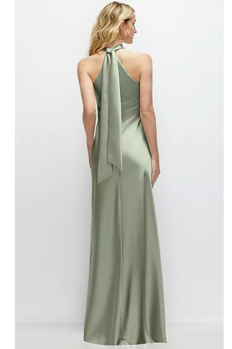 Lavender Self Tie Bow Back Satin Maxi Dress in Sage Formal Dress