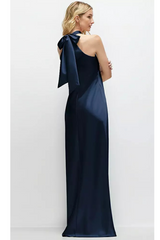 Black Self Tie Bow Back Satin Maxi Dress in Midnight Navy Formal Dress