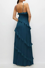 Dark Slate Gray Asymmetrical Ruffle Chiffon Bias Slip Maxi Dress in Atlantic Blue Formal Dress