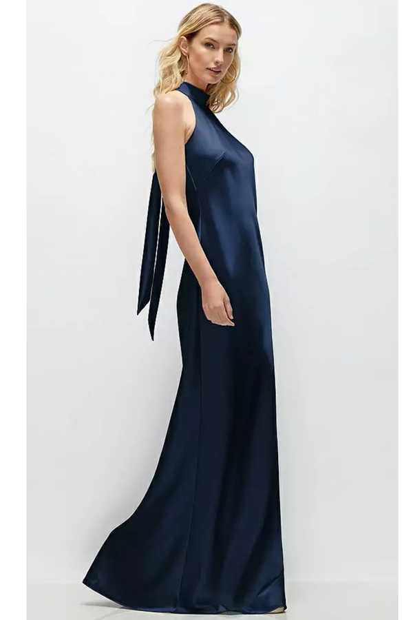 Black Self Tie Bow Back Satin Maxi Dress in Midnight Navy Formal Dress