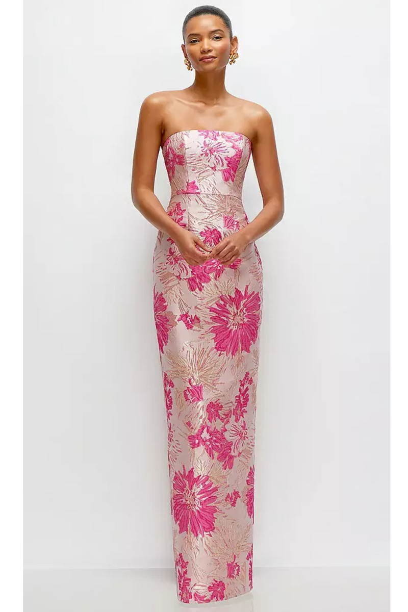 Light Gray Strapless Floral Jacquard Column Dress in Hibiscus Pink Formal Dress