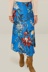 Steel Blue Surreal Flowers Blue Midi Skirt Midi Skirt